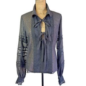 Andrew GN Women's Black Tie Front Lace Sleeves Sheer Blouse Top Sz L Runs Small